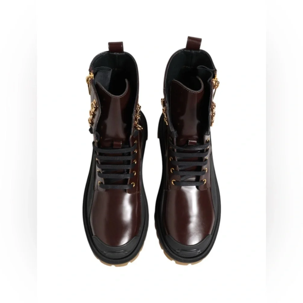 Dolce & Gabbana Brown Black Leather Boots Zipper Lace Up Men's Shoes